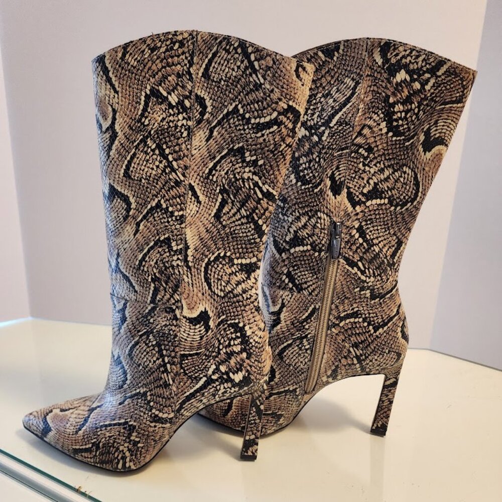 Vince Camuto Tan Snake Print Leather Mid-Calf Heeled Boots - Picture 9 of 11